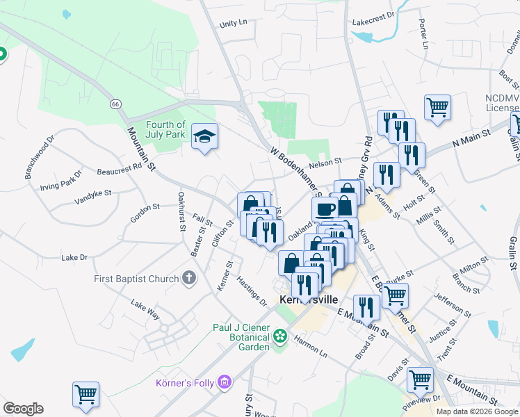 map of restaurants, bars, coffee shops, grocery stores, and more near 211 Dobson Street in Kernersville