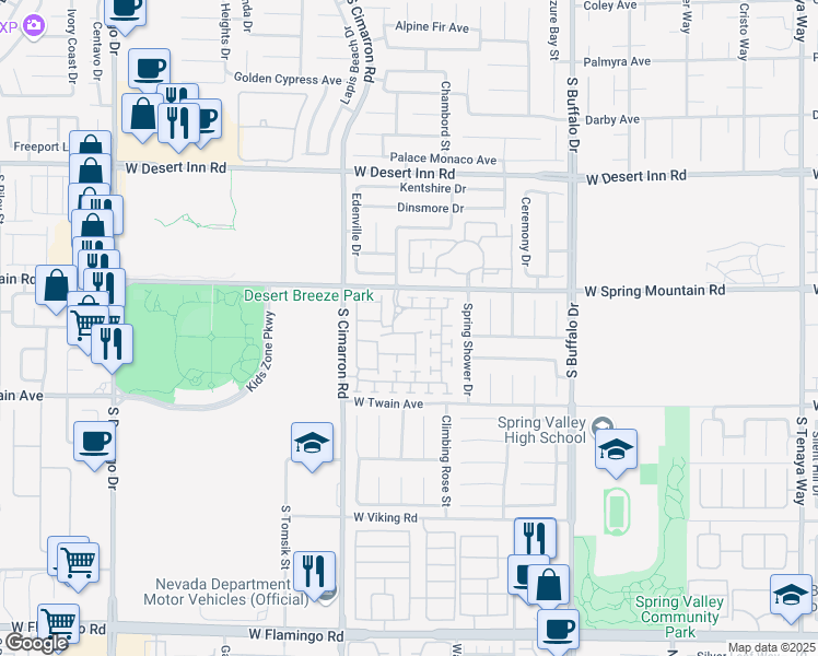 map of restaurants, bars, coffee shops, grocery stores, and more near 3555 Meridale Drive in Las Vegas