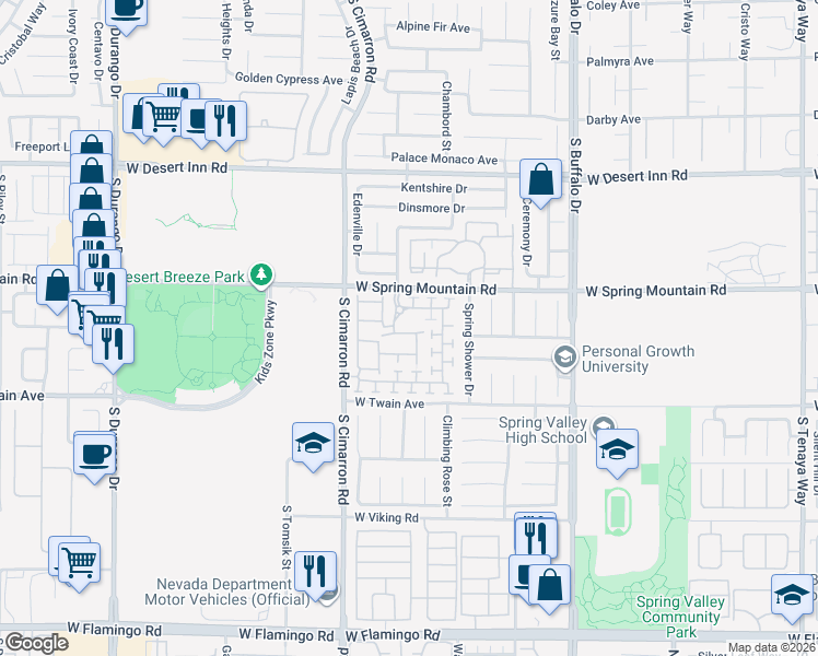 map of restaurants, bars, coffee shops, grocery stores, and more near 3555 Meridale Drive in Las Vegas
