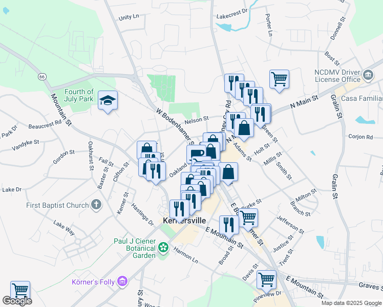 map of restaurants, bars, coffee shops, grocery stores, and more near 139 Oakland Avenue in Kernersville