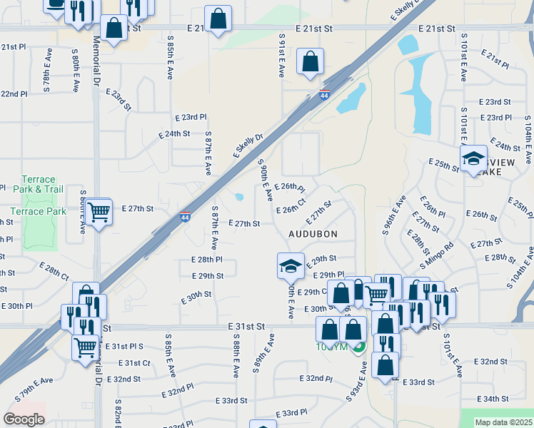 map of restaurants, bars, coffee shops, grocery stores, and more near 2643 South 89th East Avenue in Tulsa