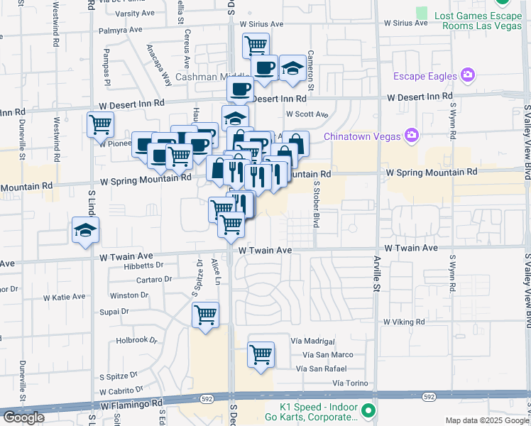 map of restaurants, bars, coffee shops, grocery stores, and more near 3615 Kolendo Court in Las Vegas