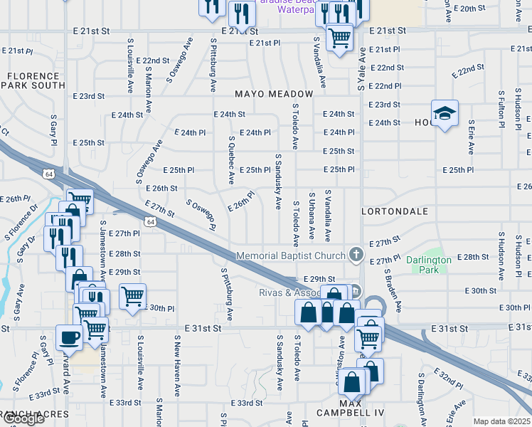 map of restaurants, bars, coffee shops, grocery stores, and more near 2635 South Richmond Avenue in Tulsa