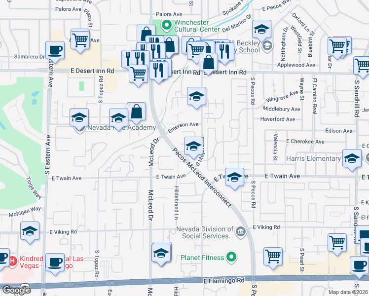 map of restaurants, bars, coffee shops, grocery stores, and more near 3129 Asoleado Circle in Las Vegas