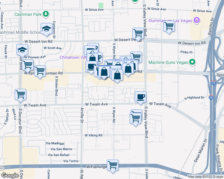 map of restaurants, bars, coffee shops, grocery stores, and more near 4151 Sanderling Circle in Las Vegas