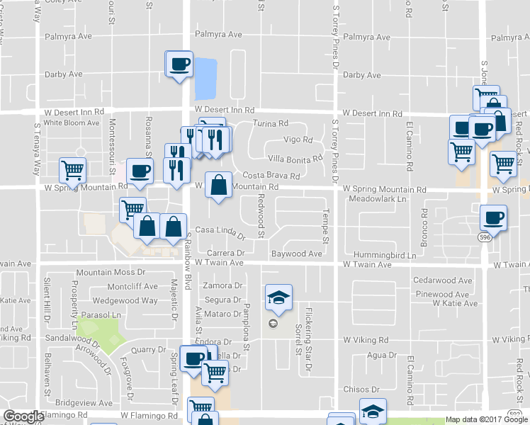 map of restaurants, bars, coffee shops, grocery stores, and more near 6652 Mountainwood Lane in Las Vegas