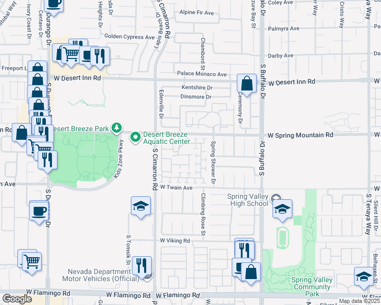 map of restaurants, bars, coffee shops, grocery stores, and more near 3572 Meridale Drive in Las Vegas