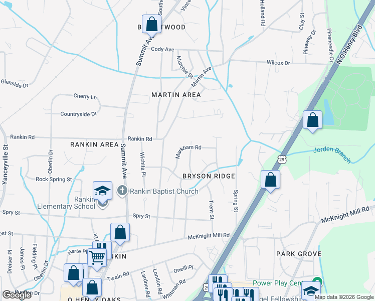 map of restaurants, bars, coffee shops, grocery stores, and more near 3418 Dickerson Lane in Greensboro