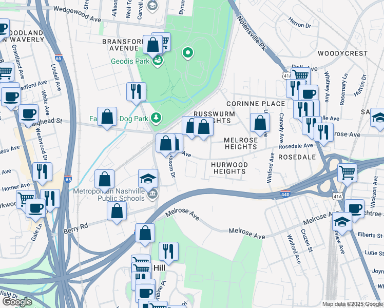map of restaurants, bars, coffee shops, grocery stores, and more near 554 Rosedale Avenue in Nashville
