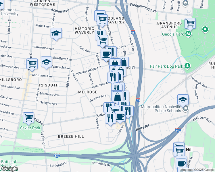 map of restaurants, bars, coffee shops, grocery stores, and more near 801 Inverness Avenue in Nashville