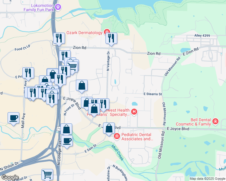 map of restaurants, bars, coffee shops, grocery stores, and more near 4016 North Meadow View Drive in Fayetteville