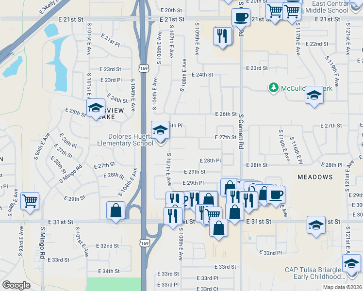 map of restaurants, bars, coffee shops, grocery stores, and more near 10733 East 28th Street in Tulsa
