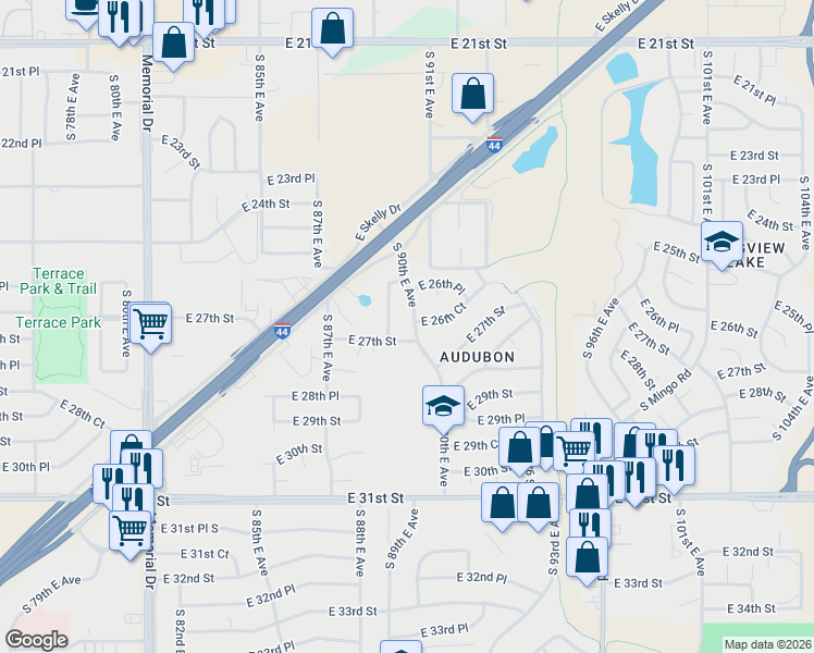 map of restaurants, bars, coffee shops, grocery stores, and more near 2643 South 89th East Avenue in Tulsa