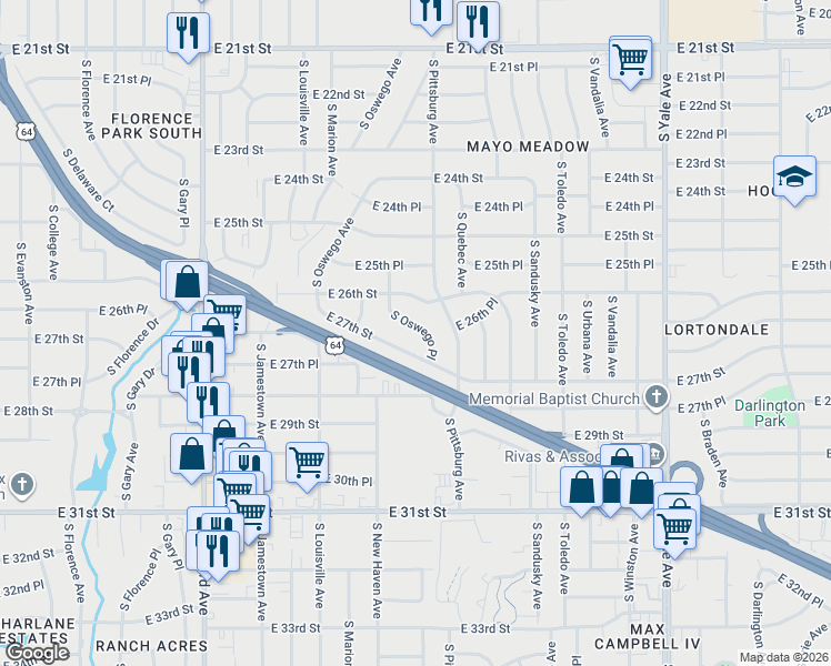 map of restaurants, bars, coffee shops, grocery stores, and more near 2632 South Oswego Place in Tulsa