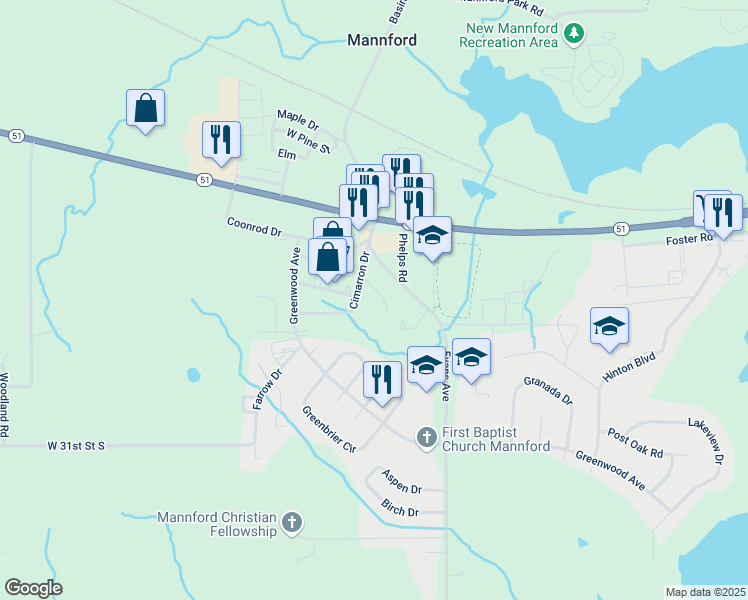 map of restaurants, bars, coffee shops, grocery stores, and more near 410 e Cimarron Drive in Mannford