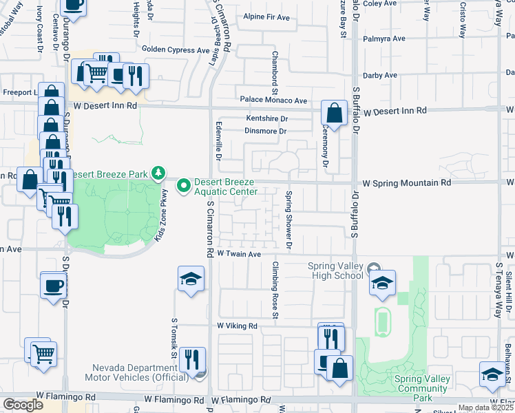 map of restaurants, bars, coffee shops, grocery stores, and more near 3555 Meridale Drive in Las Vegas