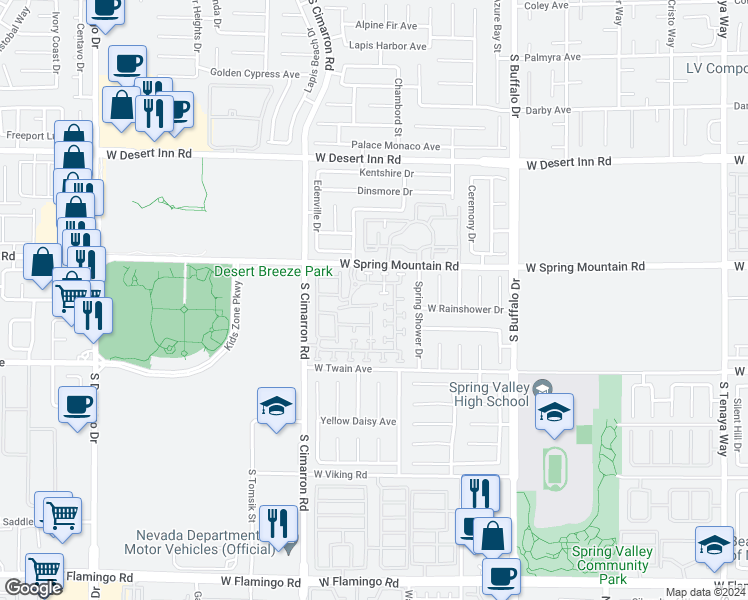 map of restaurants, bars, coffee shops, grocery stores, and more near 3555 Meridale Drive in Las Vegas