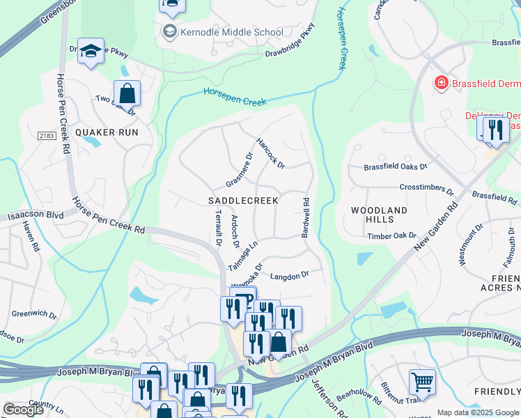 map of restaurants, bars, coffee shops, grocery stores, and more near 3010 Bannock Lane in Greensboro