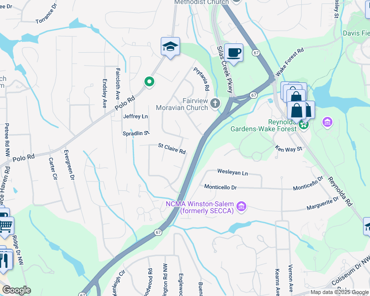 map of restaurants, bars, coffee shops, grocery stores, and more near 2911 Saint Claire Road in Winston-Salem