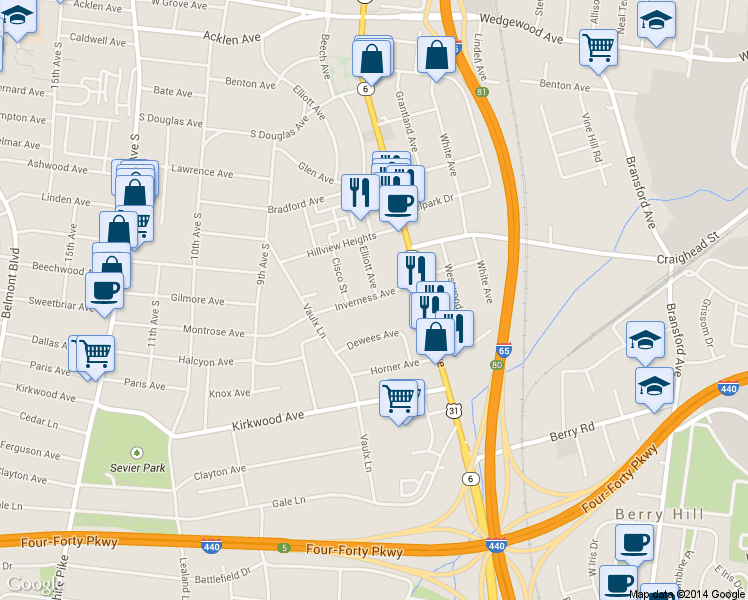 map of restaurants, bars, coffee shops, grocery stores, and more near 801 Inverness Avenue in Nashville
