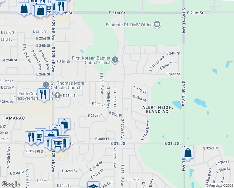 map of restaurants, bars, coffee shops, grocery stores, and more near 2739 S 136th E Pl in Tulsa