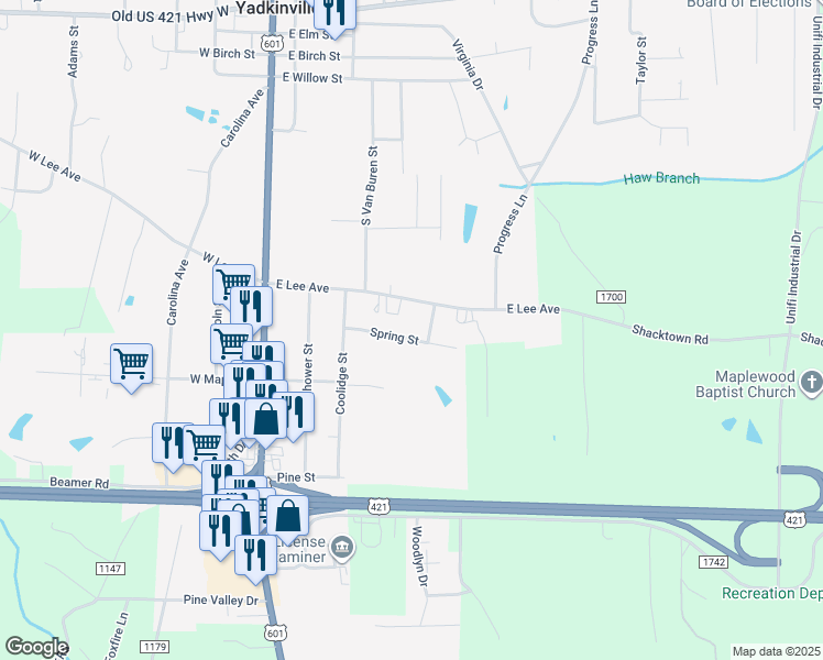 map of restaurants, bars, coffee shops, grocery stores, and more near 321 Spring Street in Yadkinville