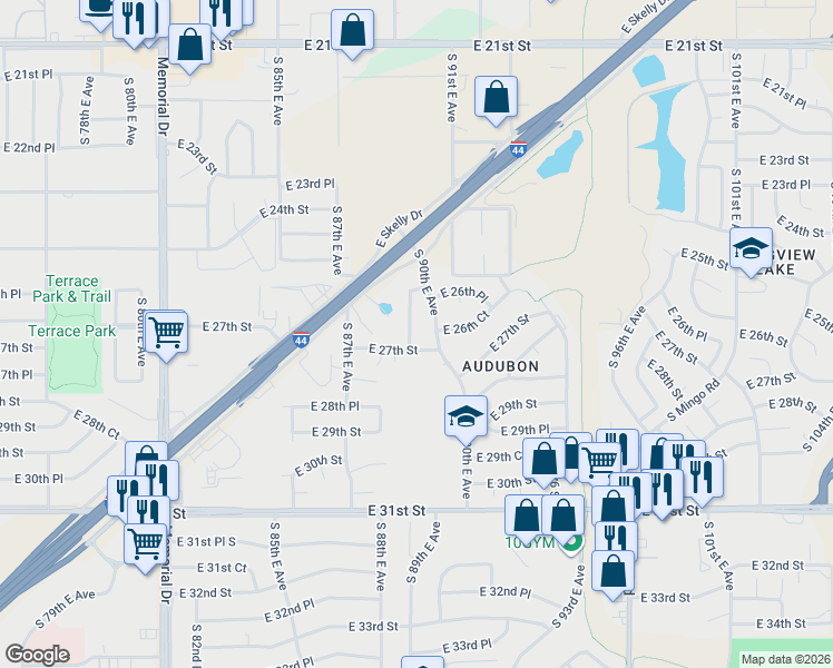 map of restaurants, bars, coffee shops, grocery stores, and more near 2643 South 89th East Avenue in Tulsa
