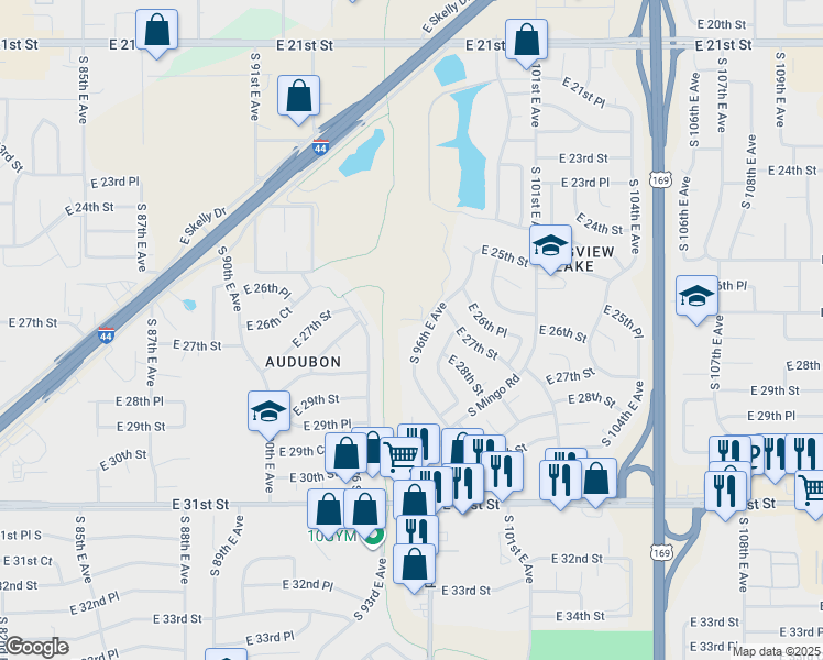 map of restaurants, bars, coffee shops, grocery stores, and more near 2702 South 96th East Avenue in Tulsa