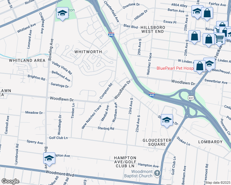 map of restaurants, bars, coffee shops, grocery stores, and more near 2906 Woodlawn Drive in Nashville