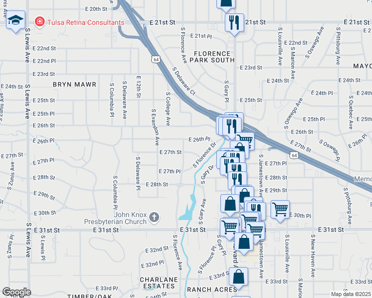 map of restaurants, bars, coffee shops, grocery stores, and more near 3105 East 27th Street in Tulsa