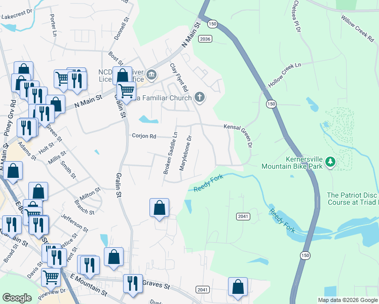map of restaurants, bars, coffee shops, grocery stores, and more near 325 Marylebone Drive in Kernersville