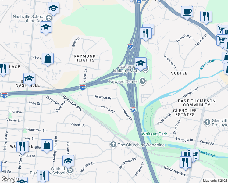 map of restaurants, bars, coffee shops, grocery stores, and more near 101 Desoto Drive in Nashville