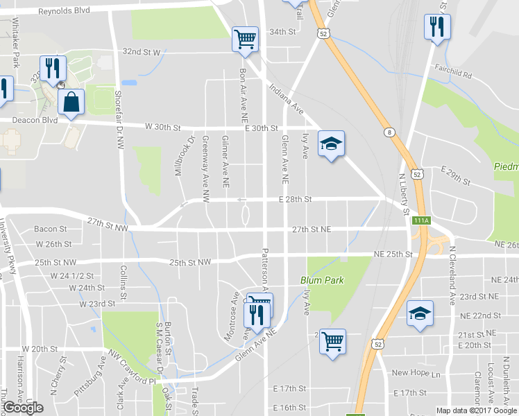map of restaurants, bars, coffee shops, grocery stores, and more near 2728 Patterson Avenue in Winston-Salem