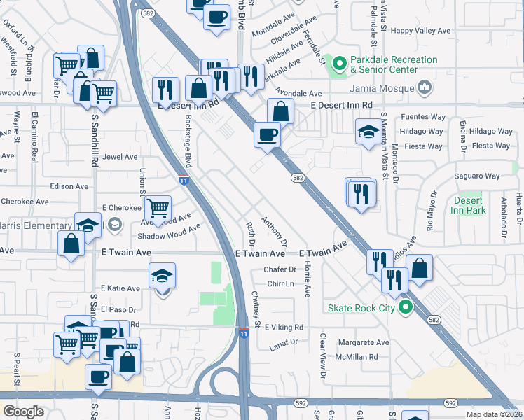 map of restaurants, bars, coffee shops, grocery stores, and more near 3594 Anthony Drive in Las Vegas