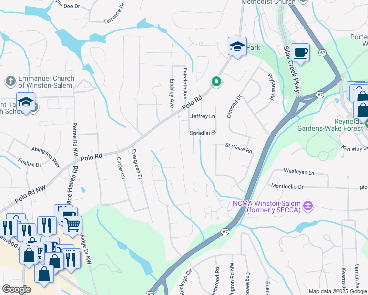 map of restaurants, bars, coffee shops, grocery stores, and more near 205 Merrimont Drive Northwest in Winston-Salem
