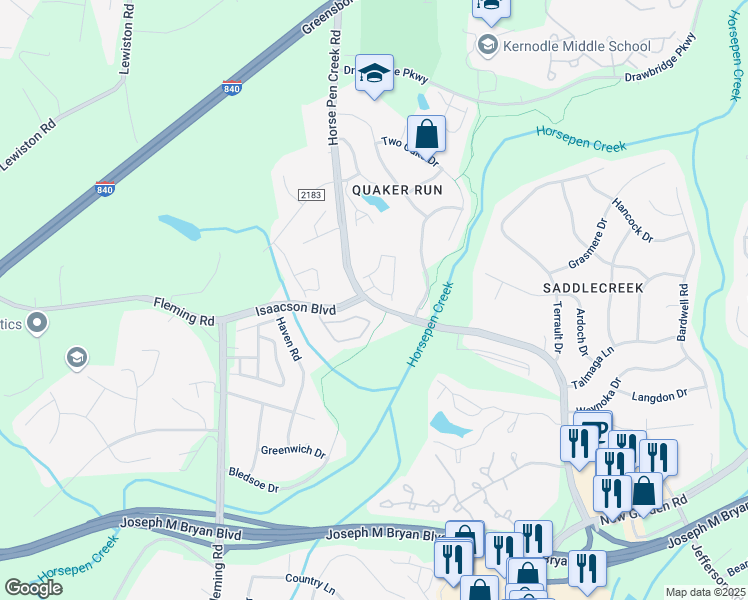 map of restaurants, bars, coffee shops, grocery stores, and more near 2788 Horse Pen Creek Rd in Greensboro