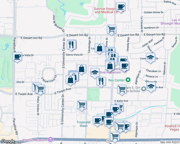map of restaurants, bars, coffee shops, grocery stores, and more near 3600 Cambridge Street in Las Vegas