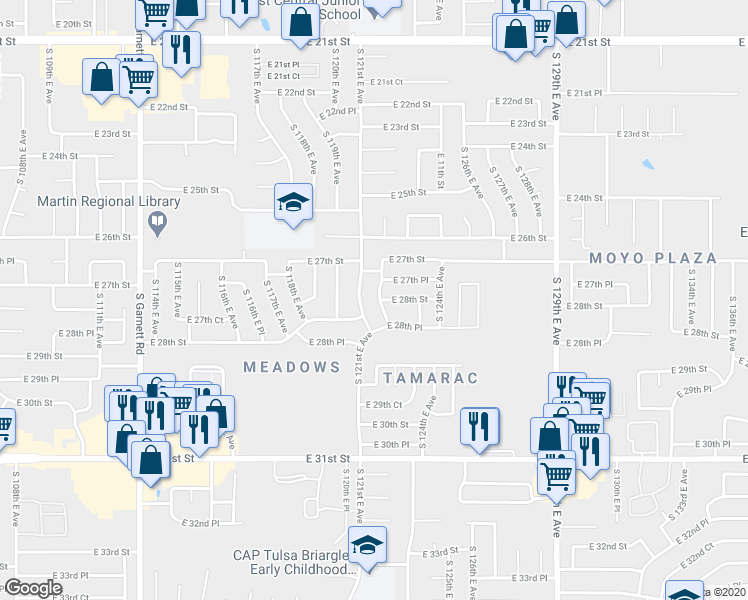 map of restaurants, bars, coffee shops, grocery stores, and more near 2804 South 122nd East Avenue in Tulsa