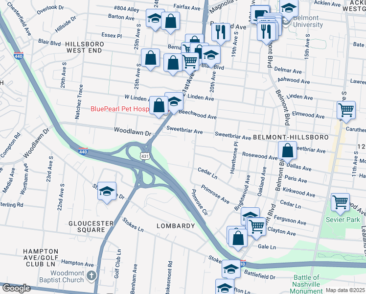 map of restaurants, bars, coffee shops, grocery stores, and more near 107 Bonnie Briar Lane in Nashville
