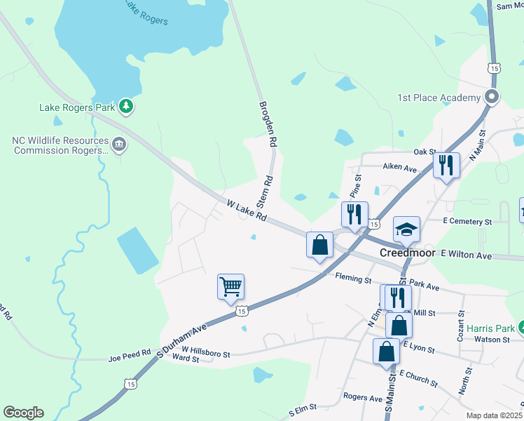 map of restaurants, bars, coffee shops, grocery stores, and more near 516 West Lake Road in Creedmoor