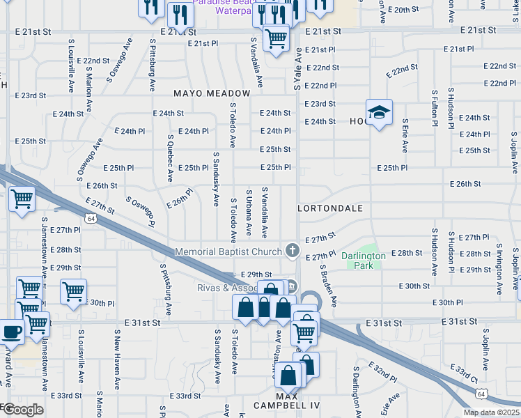 map of restaurants, bars, coffee shops, grocery stores, and more near 2633 South Urbana Avenue in Tulsa