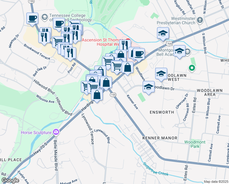 map of restaurants, bars, coffee shops, grocery stores, and more near 102 Woodmont Boulevard in Nashville