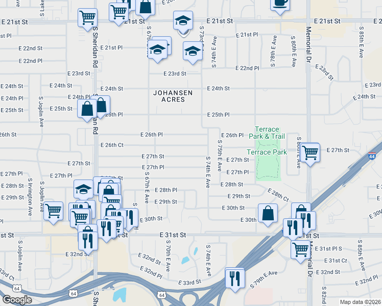 map of restaurants, bars, coffee shops, grocery stores, and more near 6785 East 27th Street in Tulsa