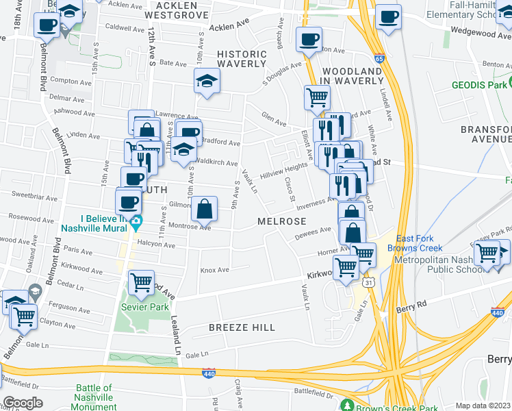 map of restaurants, bars, coffee shops, grocery stores, and more near 2501 Vaulx Lane in Nashville