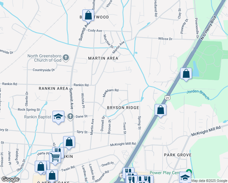 map of restaurants, bars, coffee shops, grocery stores, and more near 3418 Dickerson Lane in Greensboro