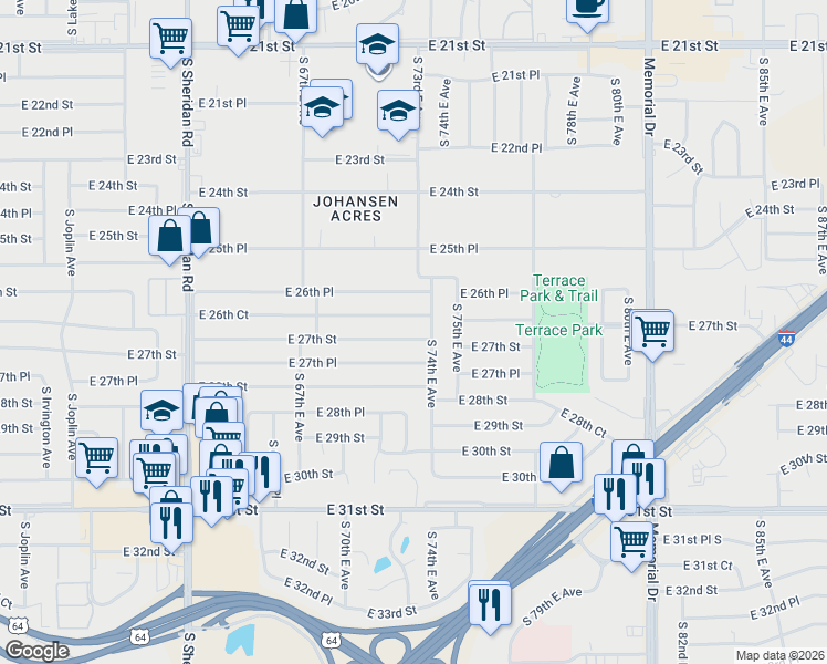 map of restaurants, bars, coffee shops, grocery stores, and more near 6785 East 27th Street in Tulsa