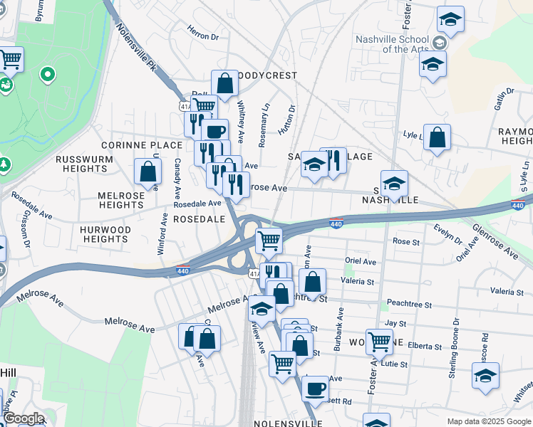 map of restaurants, bars, coffee shops, grocery stores, and more near 357 Hester Avenue in Nashville