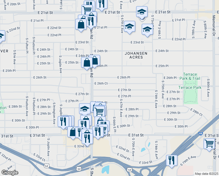 map of restaurants, bars, coffee shops, grocery stores, and more near 6557 East 27th Street in Tulsa