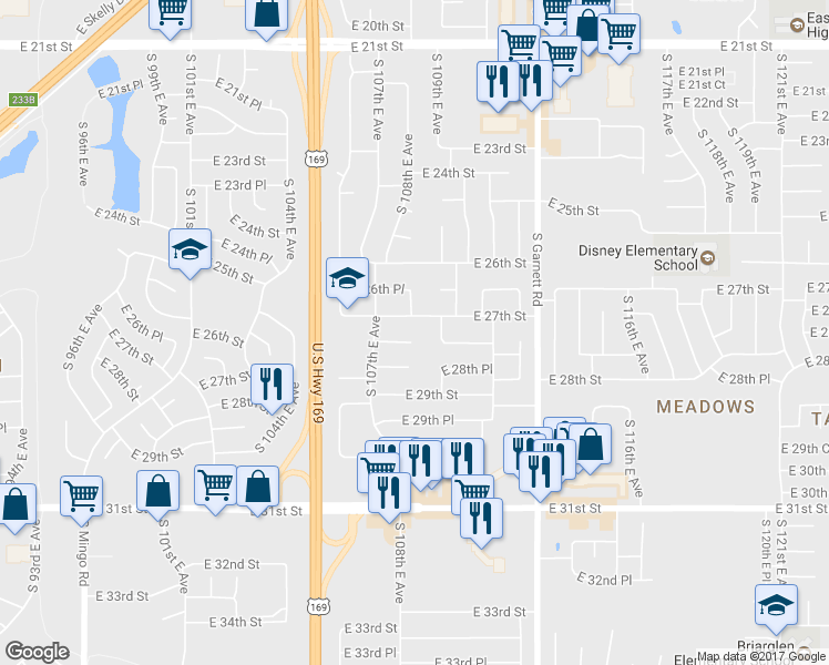 map of restaurants, bars, coffee shops, grocery stores, and more near 10733 East 28th Street in Tulsa