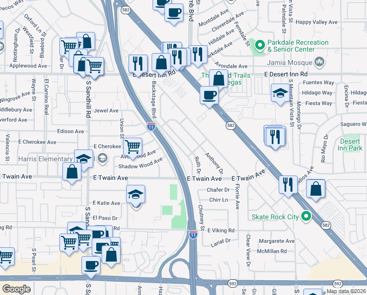 map of restaurants, bars, coffee shops, grocery stores, and more near 3569 Ruth Drive in Las Vegas